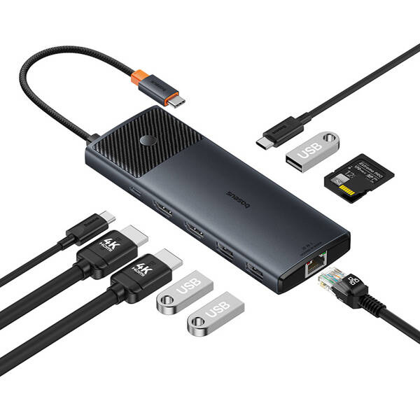 Baseus Metal Gleam II 10v1 | Adaptér HUB 10v1 USB-C na 2x HDMI, RJ45, USB-C3.2, USB-A3.2, 2x USB-A2.0, SD/TF, Type-C 100W